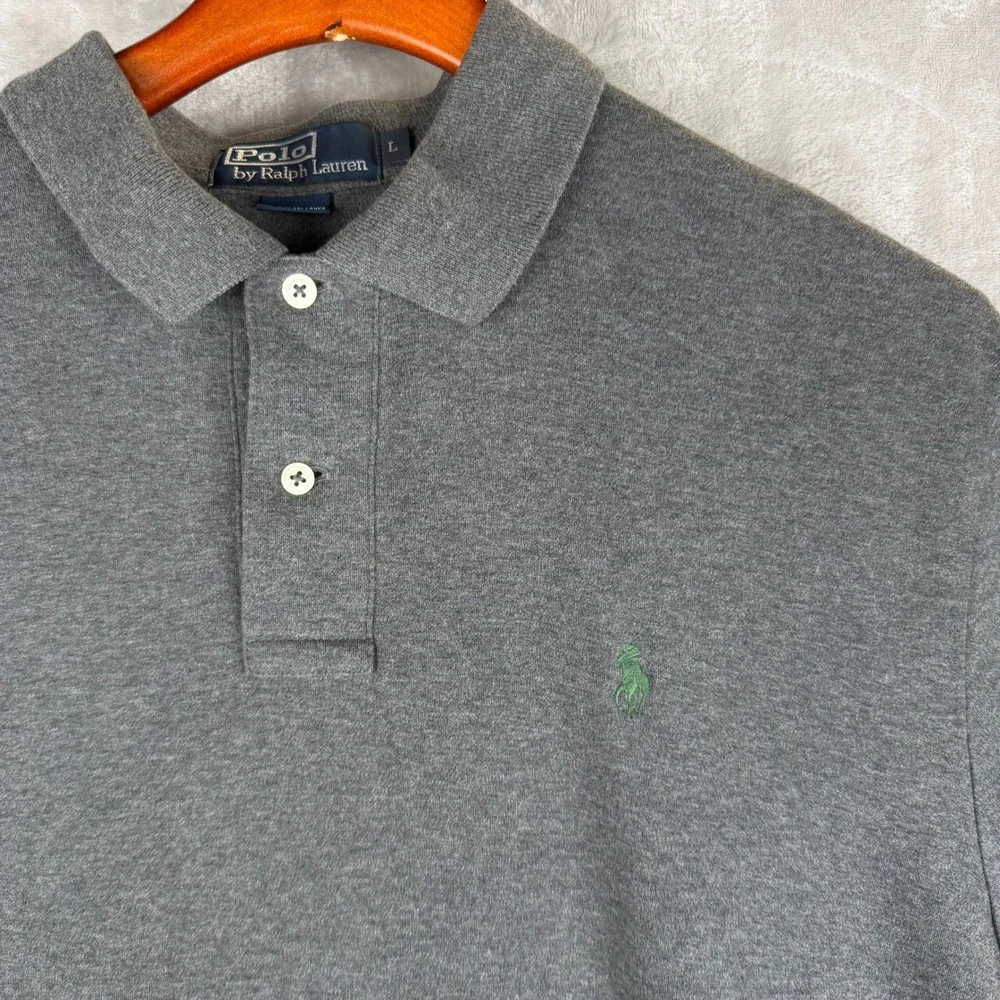 Polo Ralph Lauren Mens Large Grey Short‎ Sleeve Pique Polo Shirt Green Pony Logo